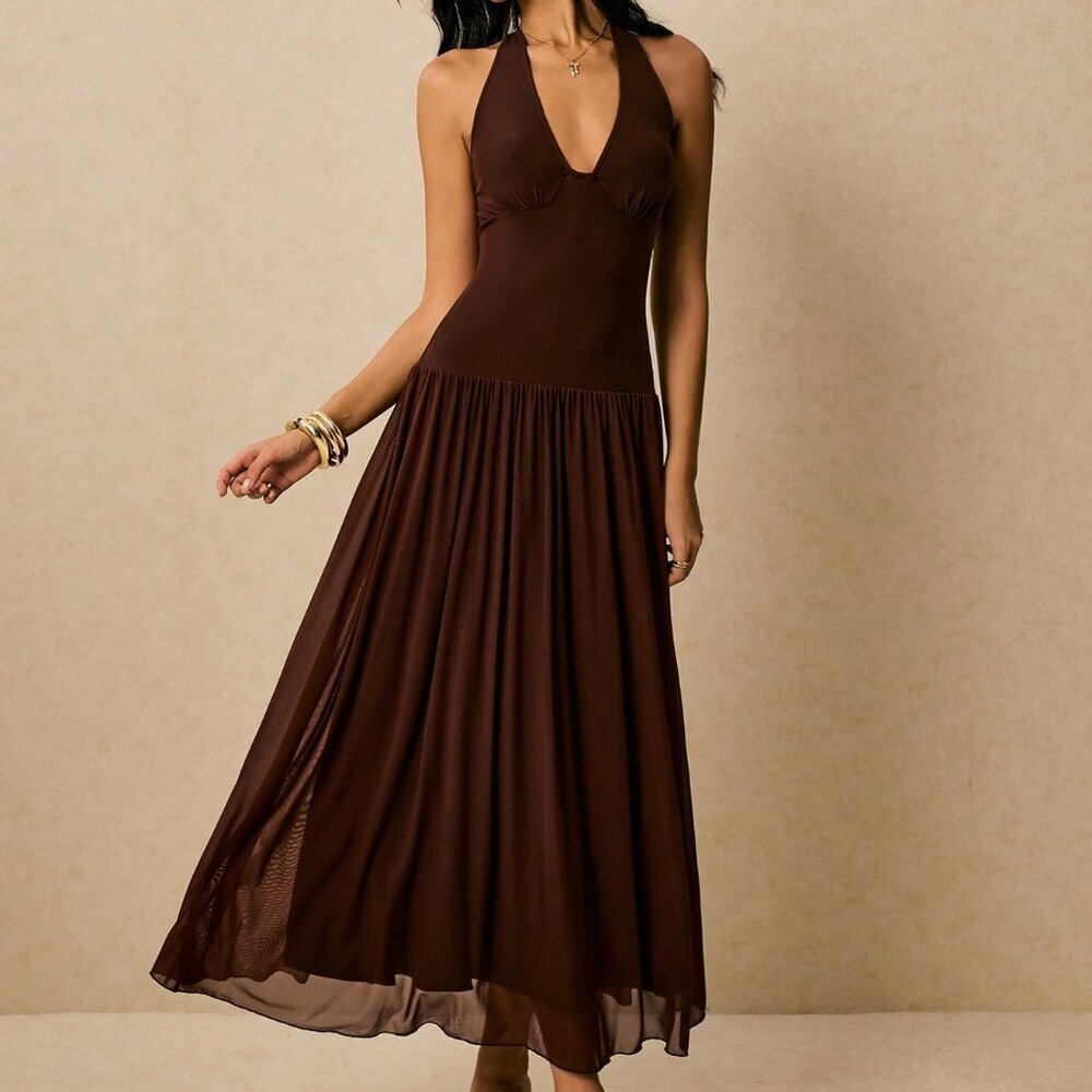 Brown Sexy Women's Flowy Sleeveless Sun Dress - Picture 6 of 7